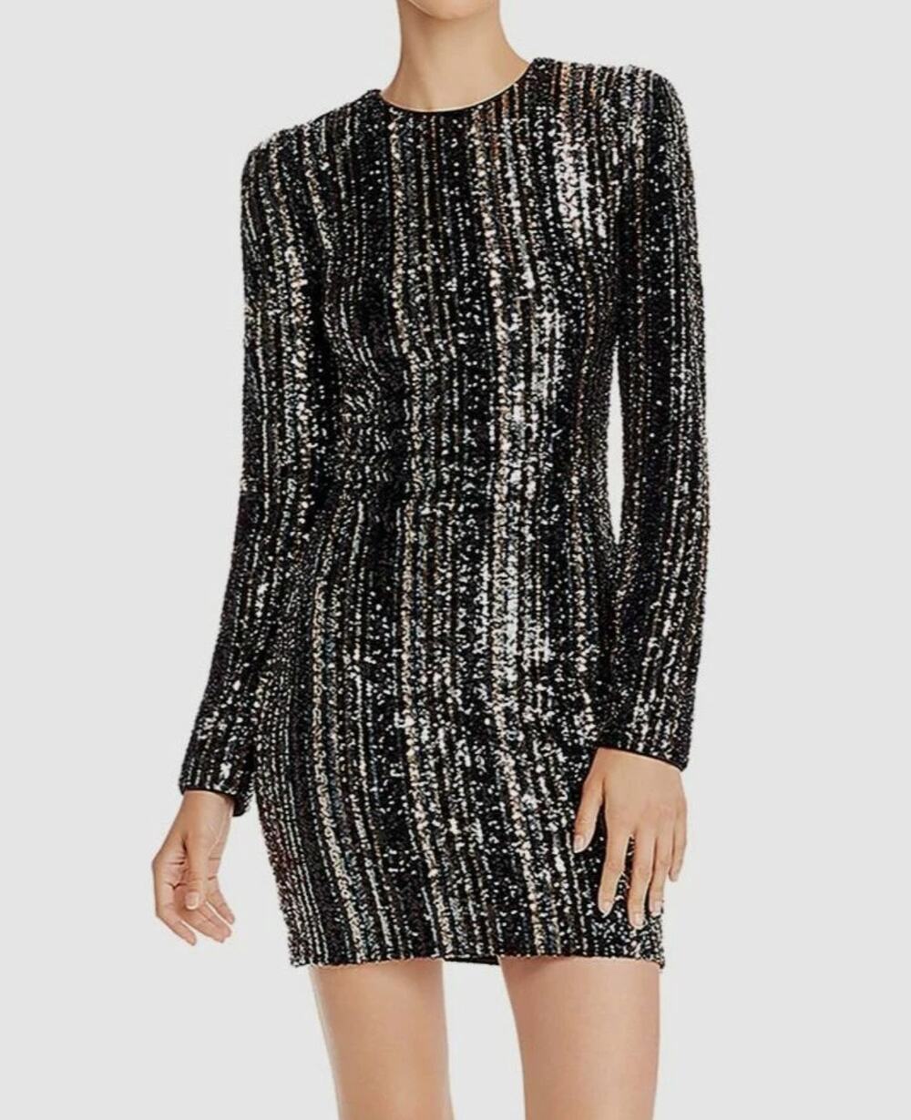 Aqua Luxe Sequin Mini Dress Womens M Black Gold Long Sleeve Party Cocktail $370
